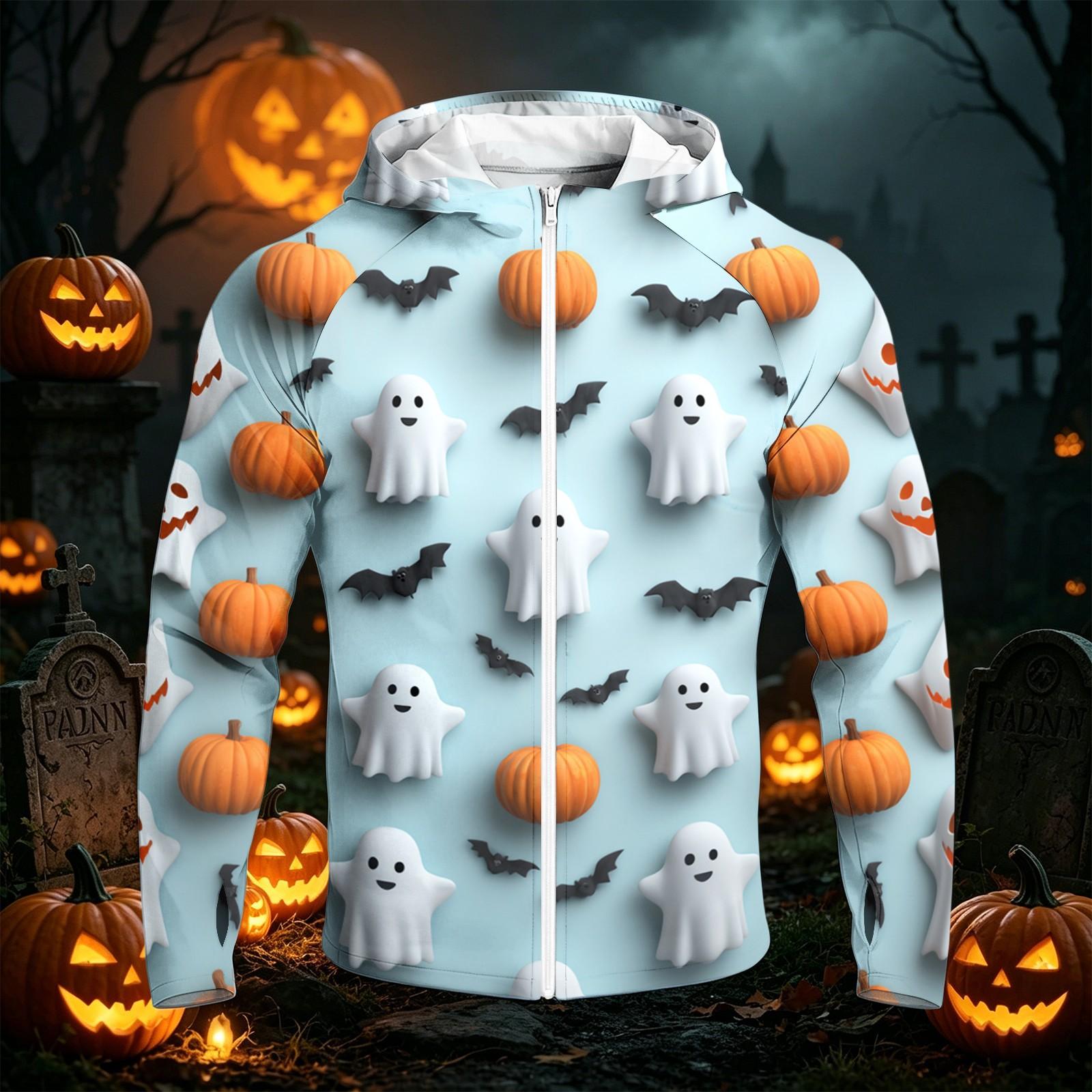 Men s Casual Raglan Hooded Long Sleeve Sun Jacket with Halloween Print M