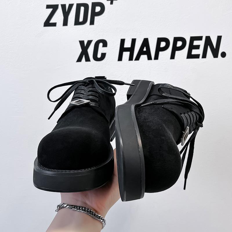 Derby Shoes Men's 2024 Spring and Autumn New Big Head Shoes Thick Sole Heightening Low Top Round Head Fashion Leather Shoes 1088-A