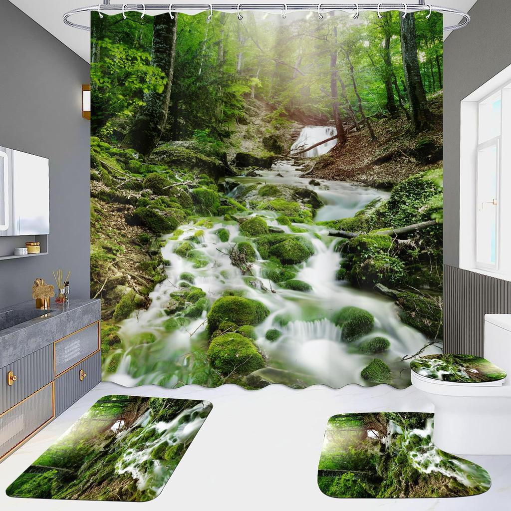 High Definition Digital Printing Shower Curtain Four-Piece Set Of Non-Punching Bathroom Bathroom Bathroom Partition Curtain Landscape