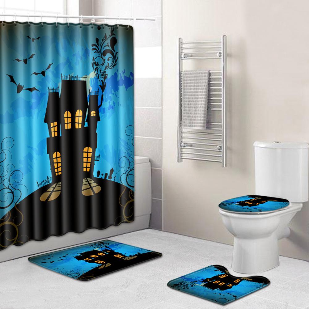 Halloween Shower Curtain Floor Mat Combination Four-Piece Set Bathroom Toilet Carpet Shower Room Foot Mat