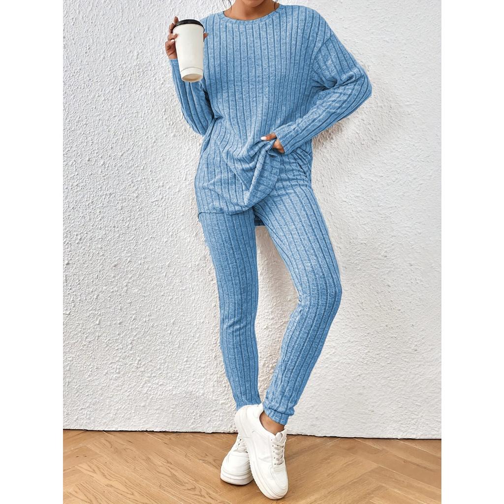 Female Suit, Autumn New Fashionable Casual Temperament Loose Round Neck Pit Stripe Knitted Suit for Women