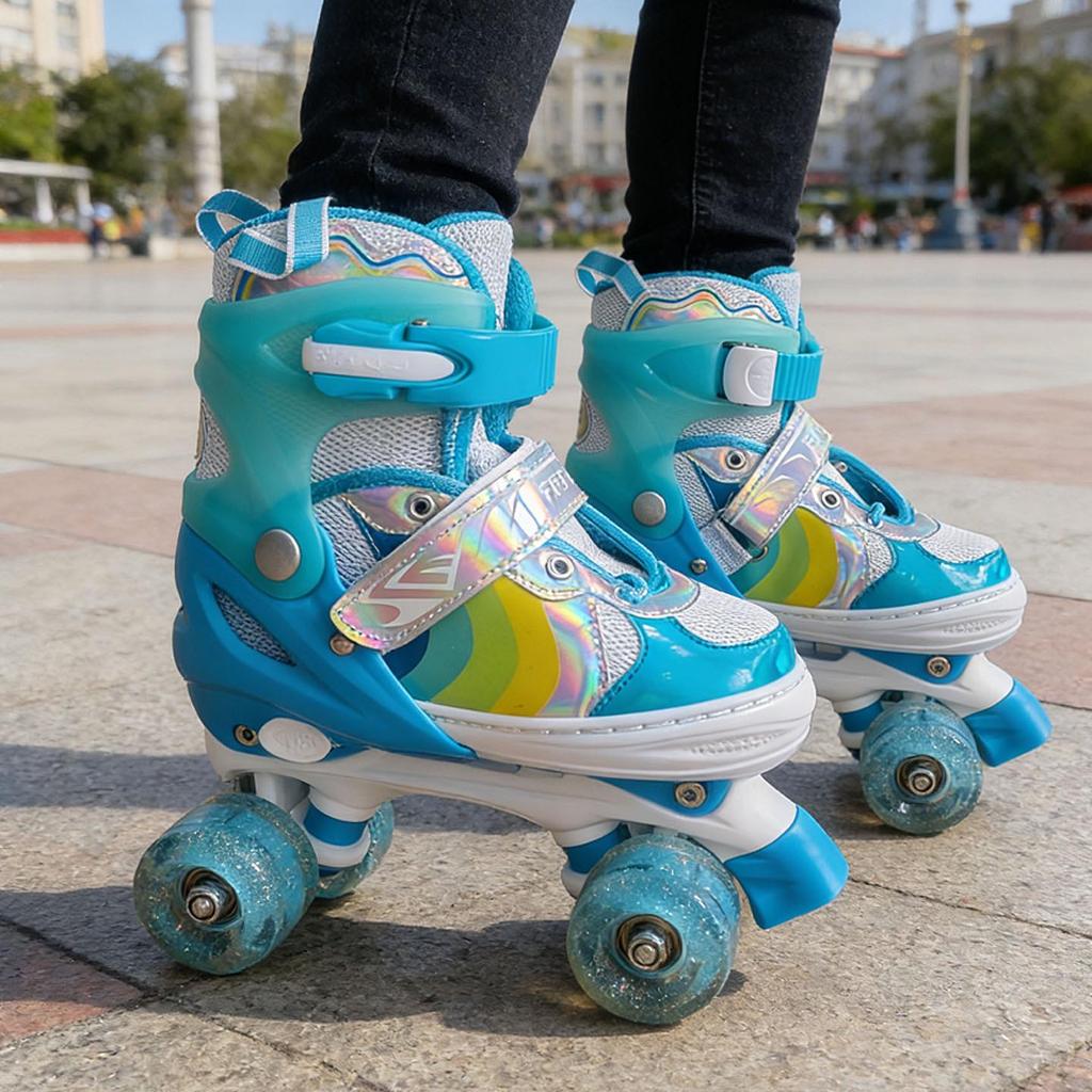 Children's Beginner Roller Skates, Ages 3-12, Four-Wheel Double Row with Flashing Wheels for Boys and Girls