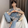 Cool satin jacquard pajamas men's summer ice silk short-sleeved trousers can be worn outside men's silk loungewear in summer