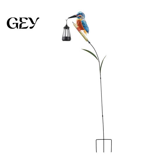 Outdoor Decorative Lanterns Solar Kingfisher Garden Stake Light, Metal Bird Yard Art with Hanging Lantern, Auto-On Automatic Dusk to Dawn Lights