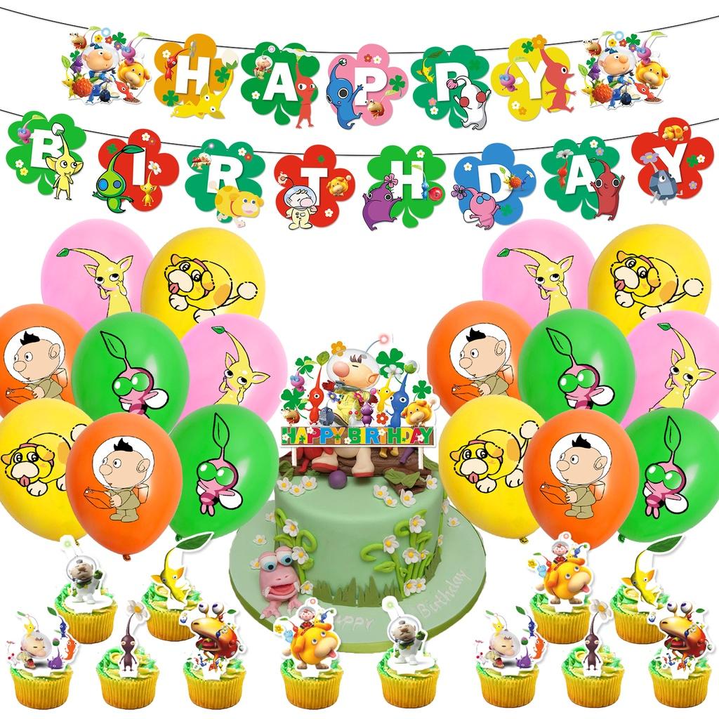 Pikmin-4 Geburtstagsparty-Dekorationsset: Papiergirlande, Luftballons, Tortenaufsatz, Cupcake-Aufsatz und mehr!