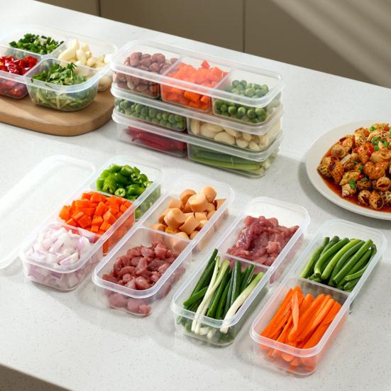 2Pcs Slim Meal Prep Boxes with Lids Long Clear Snack Containers with 2 or 3 Compartments Narrow Stackable Refrigerator Organizer for Fridge Pantry