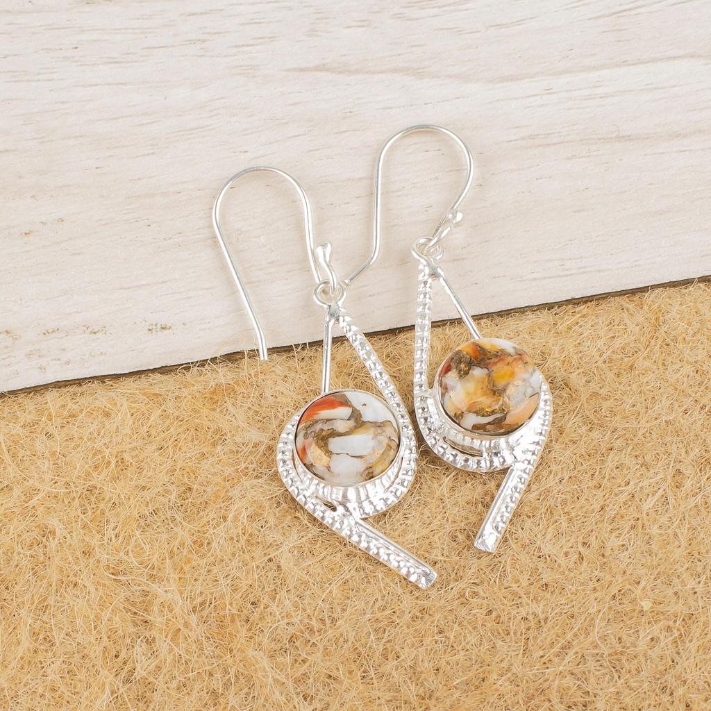 Orange Copper Turquoise Gemstone Jewelry, 925 Sterling Silver Earrings, Handmade Balancing Earrings For Wedding Gift