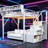Loft Bed 140x200 with LED Light Strip, Safety Ladder and Flexible Storage Metal Bed Adult Bed Children's Bunk Bed White
