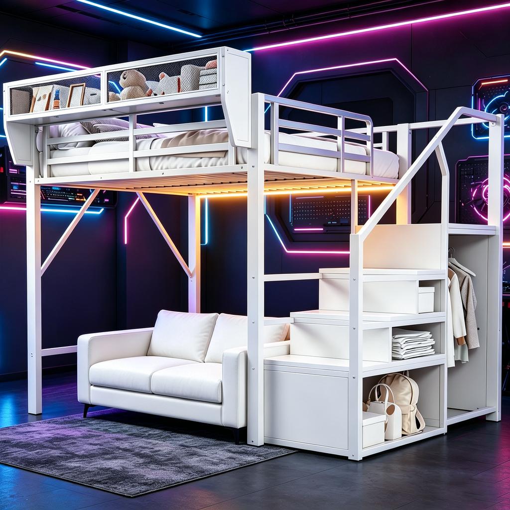 Loft Bed 140x200 with LED Light Strip, Safety Ladder and Flexible Storage Metal Bed Adult Bed Children's Bunk Bed White