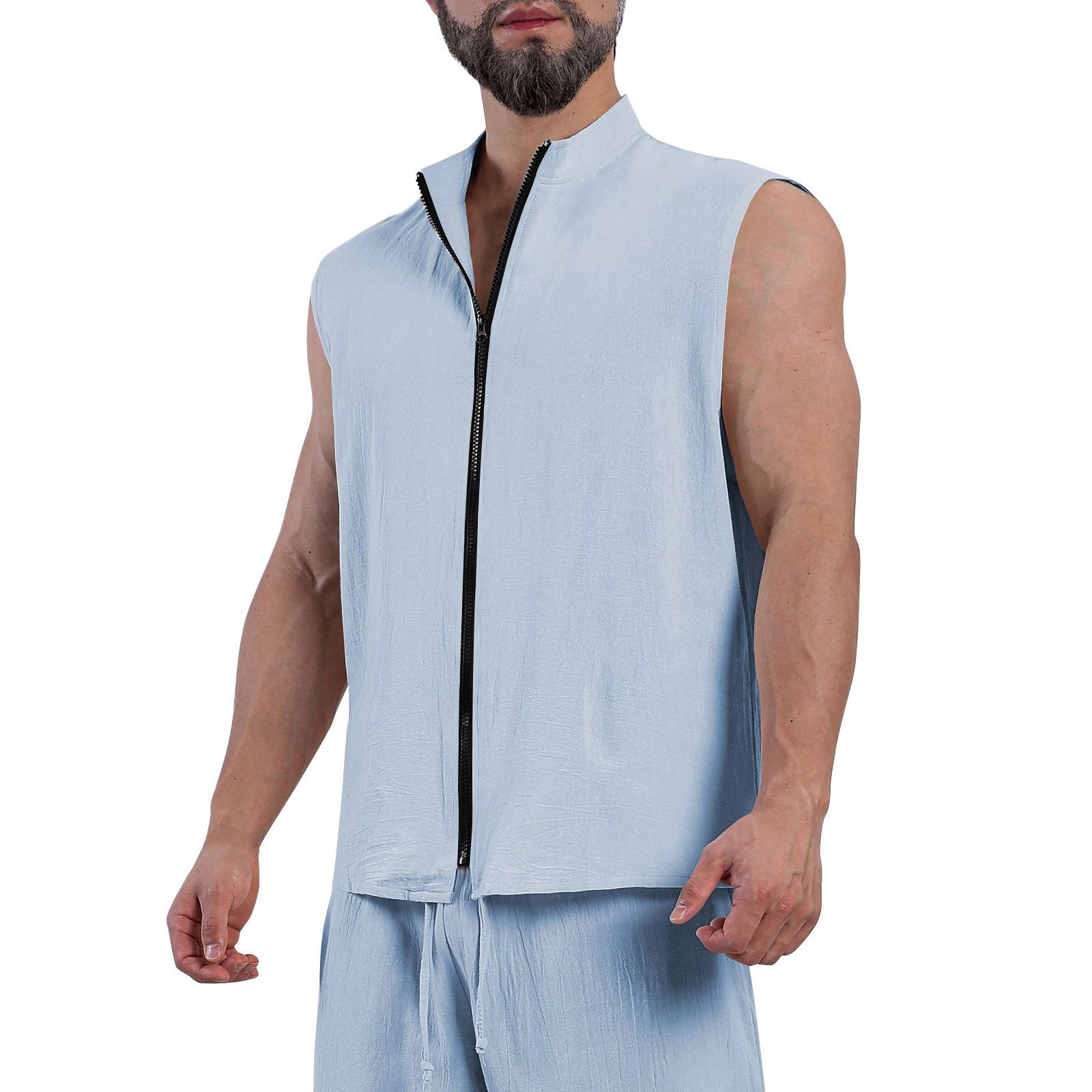 

Мужская однотонная рубашка без рукавов с воротником-стойкой из хлопка и льна на пуговицах M