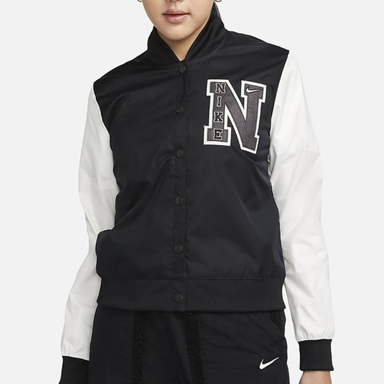 Nike Logo Print Single-Breasted Long Sleeve Baseball Jacket Women Jackets Black DZ4631-010