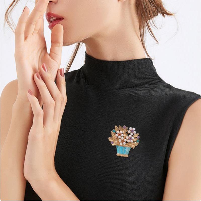 Fashion Luxury Pearl Pot Flowers Brooches For Women Clothing Coat Party Accessries Gifts