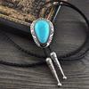 Men's Braided Leather Cord Bolo Tie with Stone Pendant Adjustable Chain Necktie Necklace for Western Fashion Enthusiasts