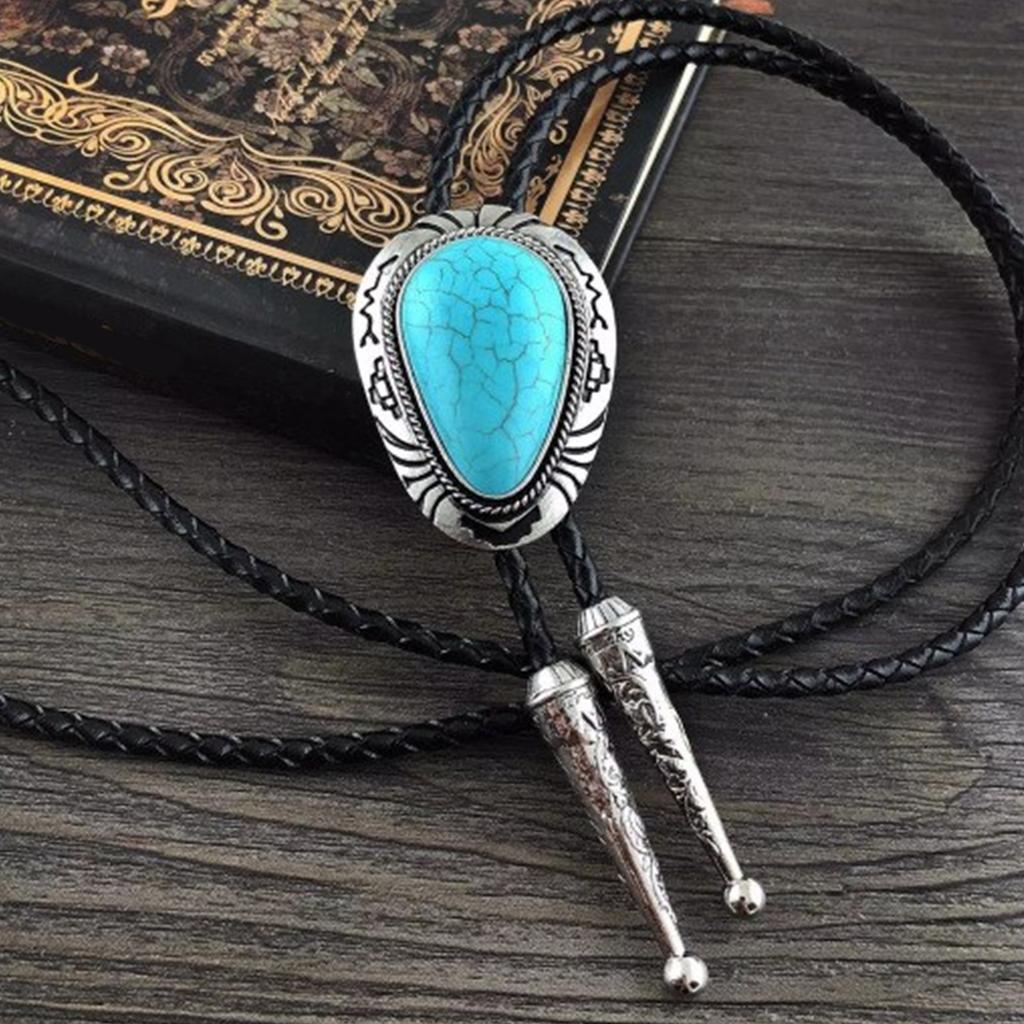 Men's Braided Leather Cord Bolo Tie with Stone Pendant Adjustable Chain Necktie Necklace for Western Fashion Enthusiasts