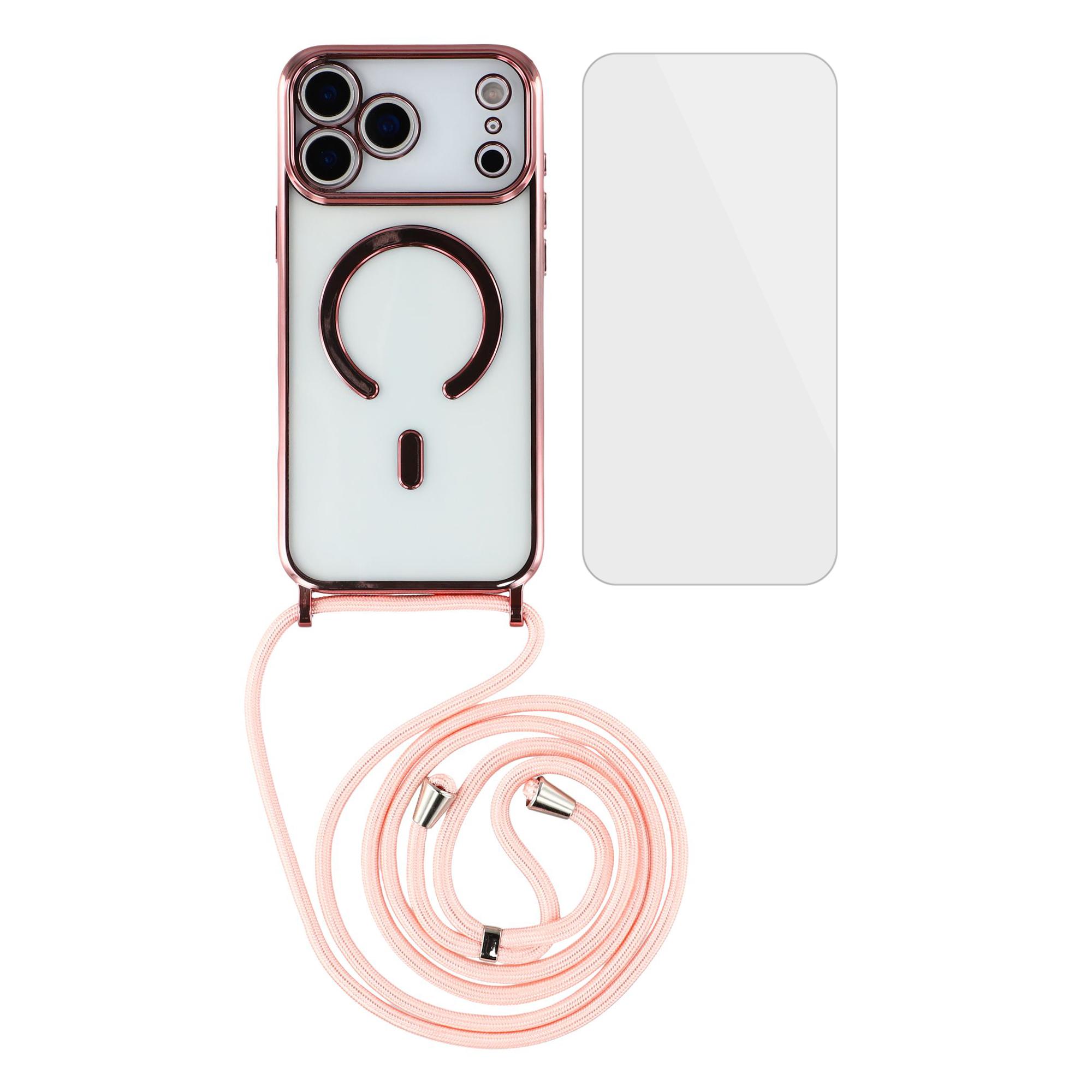 

For iPhone 17 Pro Magnetic Case Electroplating Edge TPU Phone Cover with Screen Film/Shoulder Strap Pink