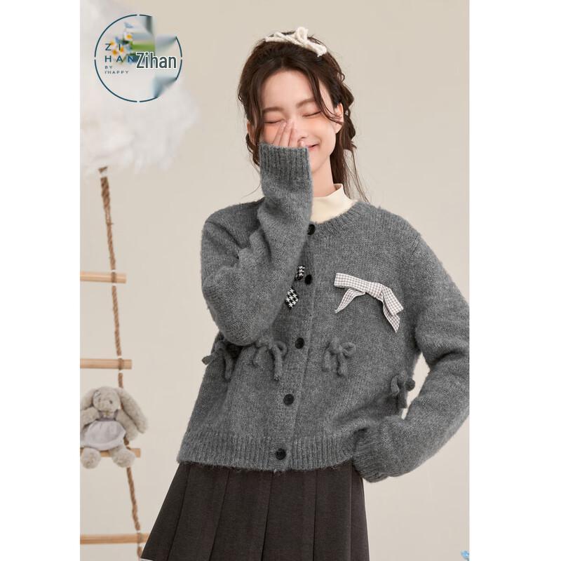 ZIHAN Women s Sweet Bowknot Round Neck Knitted Cardigan L