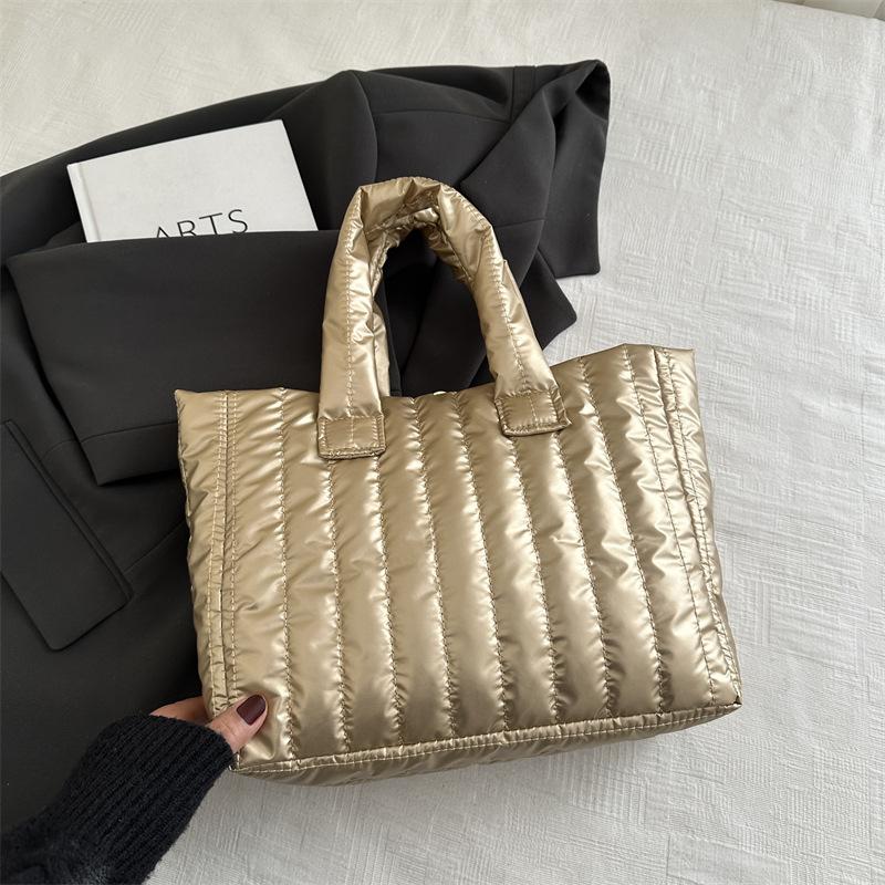 Large Capacity Tote Bag For Women Cotton Padded Nylon Handbag Solid Color Casual Elegant Shoulder Bag Fashion Purse