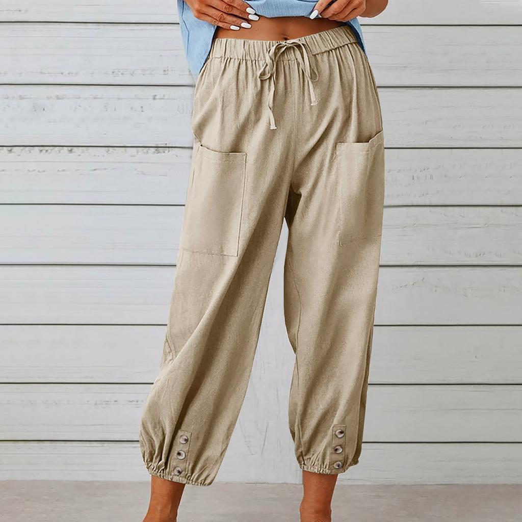 Women's Fashionable Color Cotton Linen Elastic Waist Decorative Casual Pants With Pockets