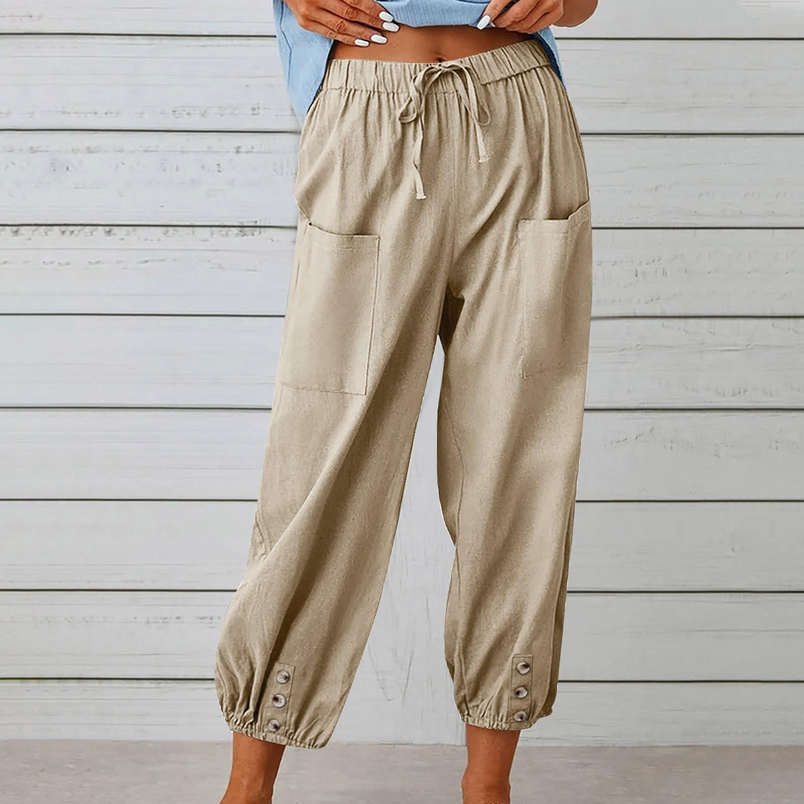 

Women s Fashionable Color Cotton Linen Elastic Waist Decorative Casual Pants With Pockets XXL хаки