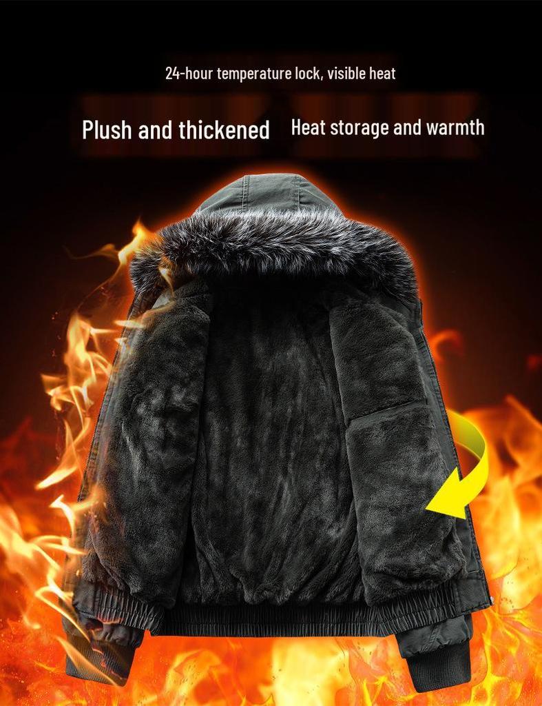 Men's Winter Retro Haute Couture Cotton Jacket with Fur Collar, Plus Velvet Thickened, Warm Outerwear.