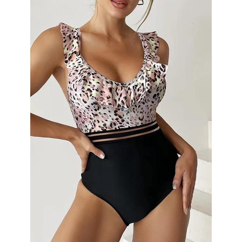 Leopard Ruffle  One Piece Swimsuit Women 2025 High Waist Mesh Tape Swimwear Female Beachwear V-neck Bathing Swimming Suit Summer