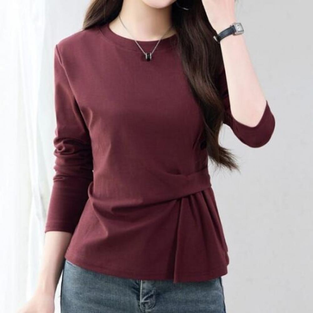 Navava Women S Shirred waiST Round Neck Long Sleeve T ShirT nT3163