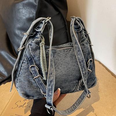 Premium Sense Washed Denim Tote Bag Spice Girl Handbag Old Retro Large Capacity Shoulder Bag