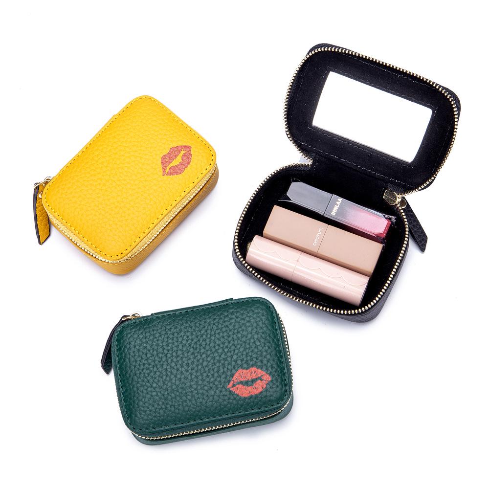 Damen Mini-Lippenstifttasche aus echtem Leder mit Spiegel - Modische und tragbare Drei-in-Eins Make-up-Tasche