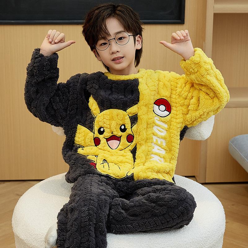 Kids Flannel Pajamas Set Boys Girls Warm Long Sleeve Top And Pants Sleepwear Winter Home Nightwear