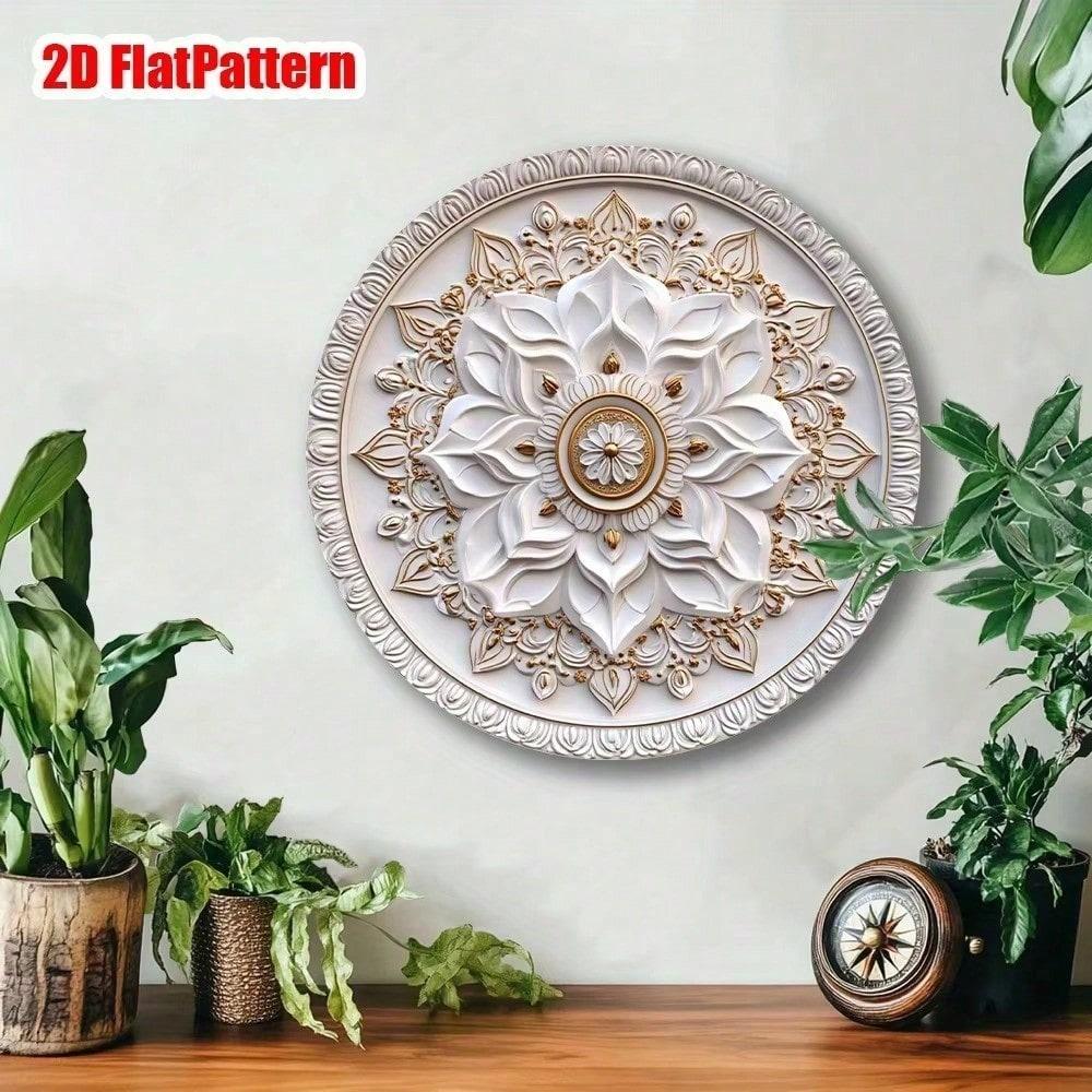 Vintage Metal Wall Art Gold Lotus Flower 20cm Round Steel Painting Home Garden Decor