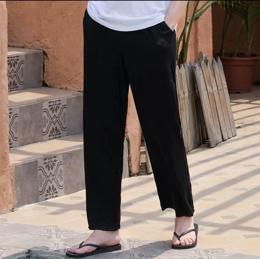 Summer men's cotton and silk pajama pants plaid home pants loose can be worn outside beach long pants youth artificial cotton