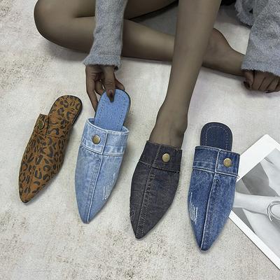 Chinelos Rasos de Denim de Bico Fino de Outono Sapatos Casuais de Bico para Mulher com Fivelas