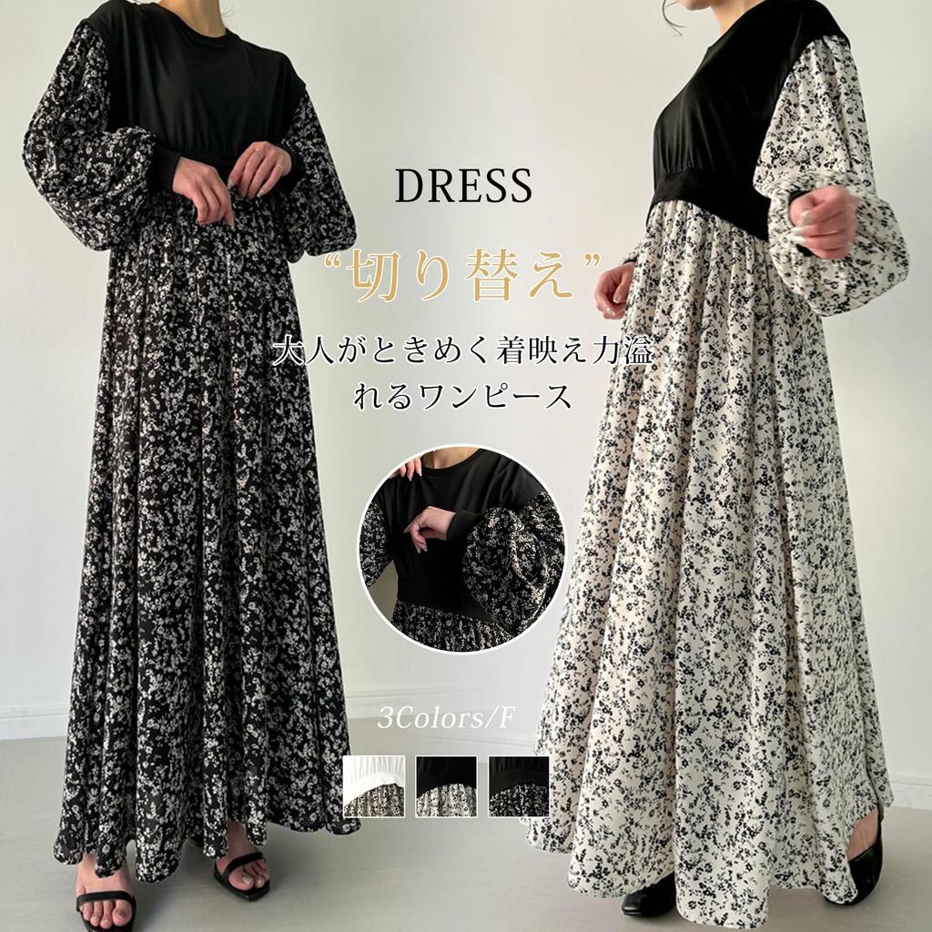 Maxi Dress with Contrast Long Floral Mixed Loose Round Perfect for and Winter [MlleeSSeeldyTRC] Women's Print, Sleeves, Print, Material, Fit,