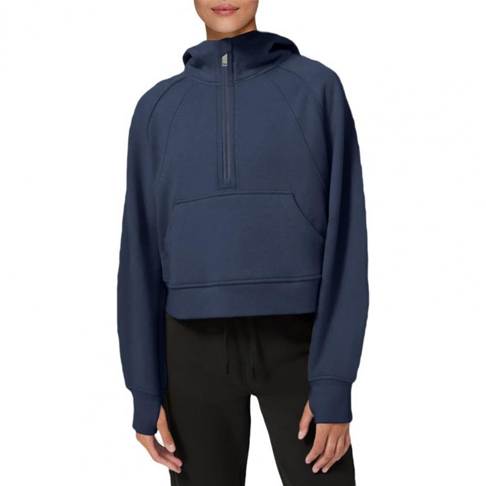 Stand Collar Long Sleeve Front Pocket Zipper Half Placket Thumbhole Design Fleece Lining Women Hoodie Autumn Solid Color Loose H