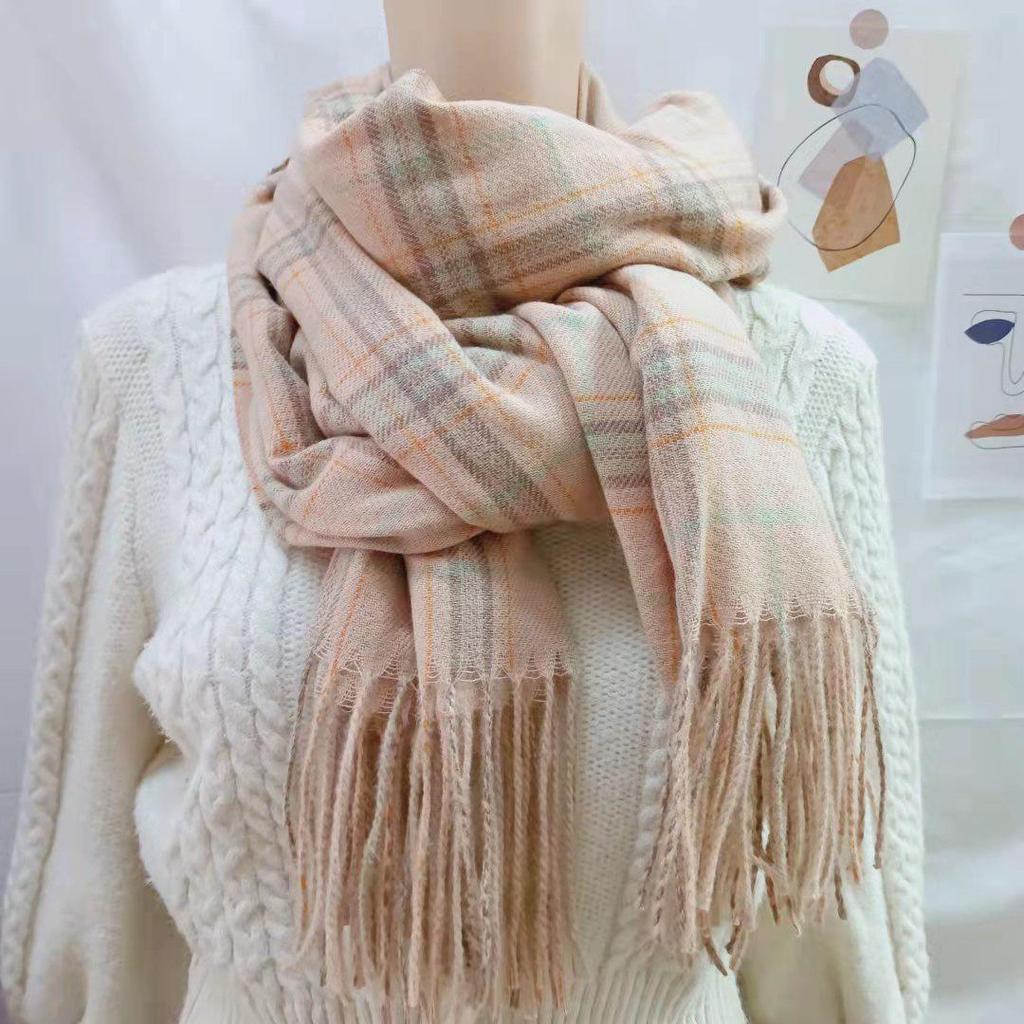 Women's Winter Plaid Imitation Cashmere Tassel Scarf, Thickened Korean Style Neck Warmer