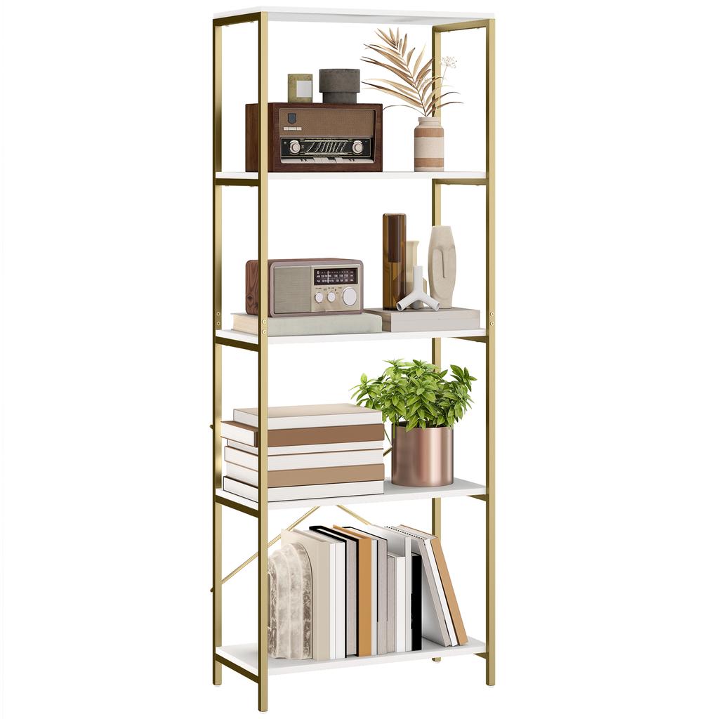 5-Tier Bookshelf, Modern Bookcase with Metal Frame - White and Gold Tone