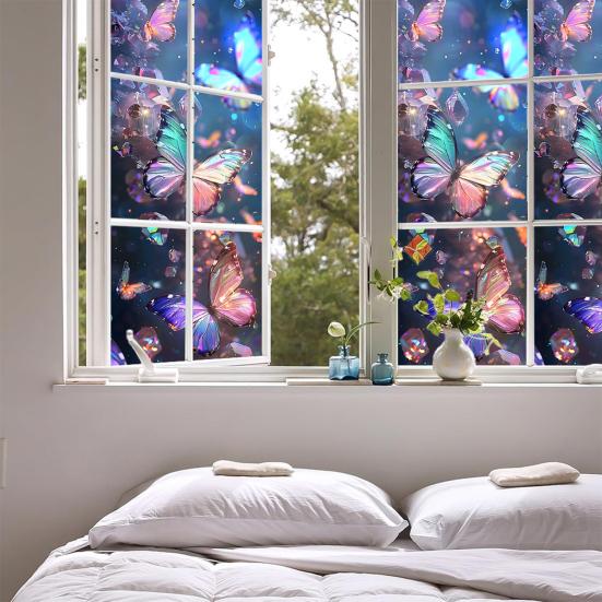 Window Privacy Film Stained Glass Flower Butterfly Decorative Window Sticker Heat Control Non-Adhesive Static Glass Cling for Home Bathroom Kitchen