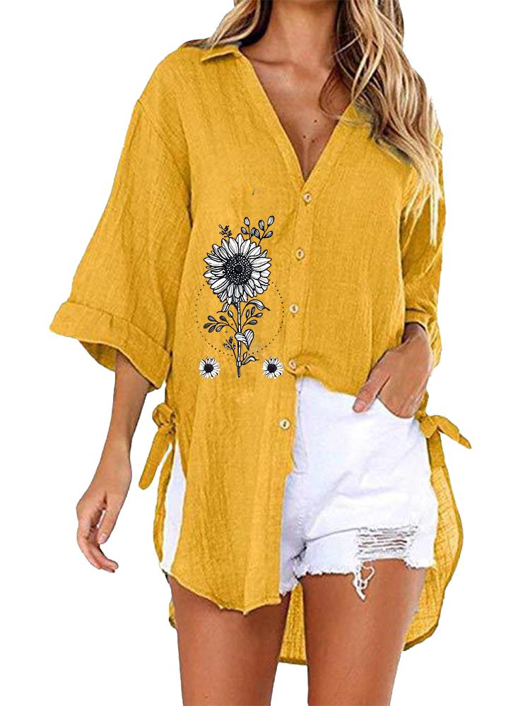 

Women Fashion Half Sleeve Blouse Casual Floral Print Top Ladies V Collar Loose Long T-shirt 5XL жёлтый