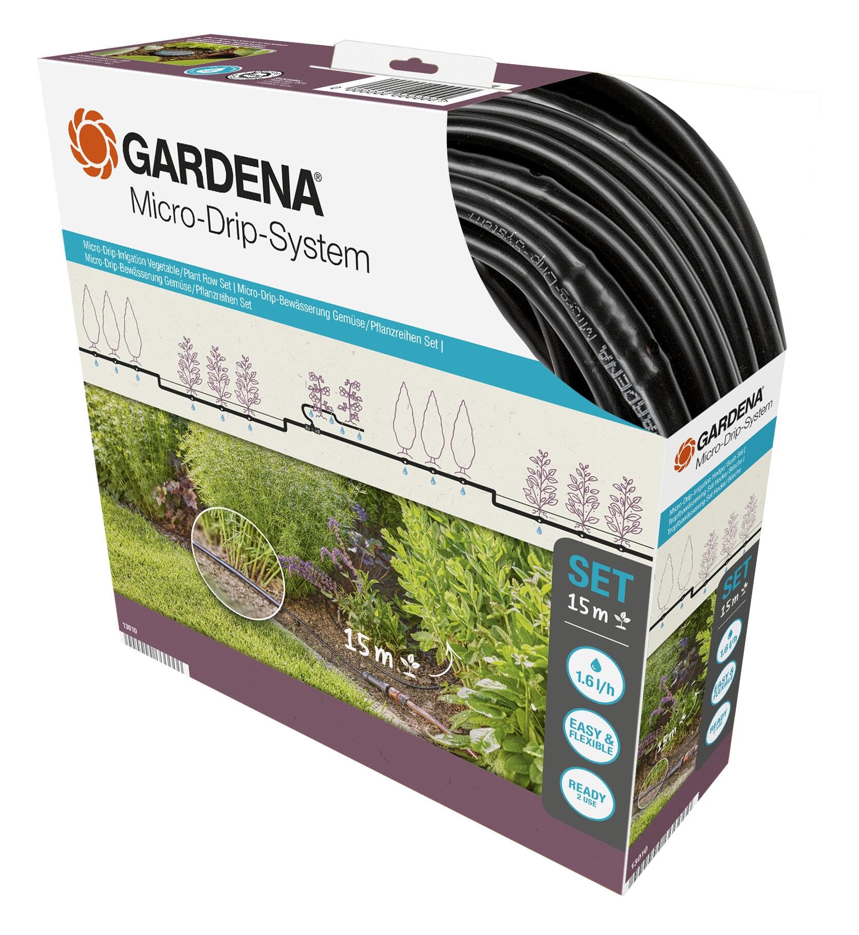 

Система капельного полива GARDENA Microdrip, 15 м, для клумб и огородов, Стартовый набор 13010-20