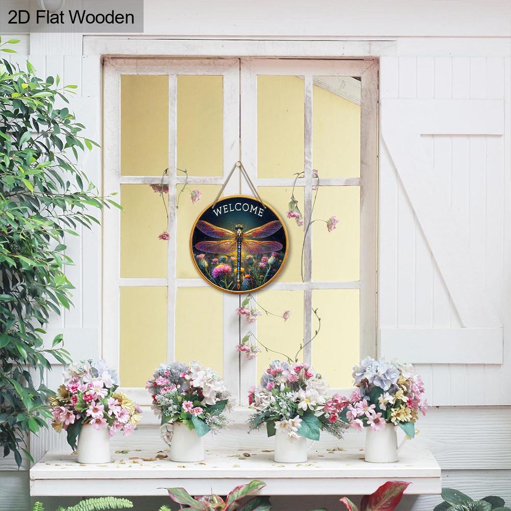 Rustic Wooden Welcome Sign with Dragonfly Pattern - Decorative Hanging Plaque for Front Door, Wall Decoration