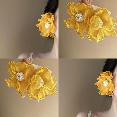 Super Fairy Fabric Pearl Flower Stud Earrings Spring and Summer Vacation Style Exaggerated Earrings Fashionable Sweet High-end Earrings