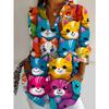 Women's Long-sleeved Shirt Cute Cat Print Loose Print Shirt Colorful Cat Head Medium and Long