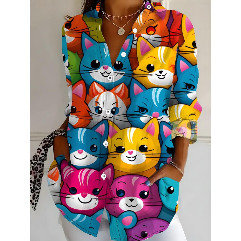 Women's Long-sleeved Shirt Cute Cat Print Loose Print Shirt Colorful Cat Head Medium and Long