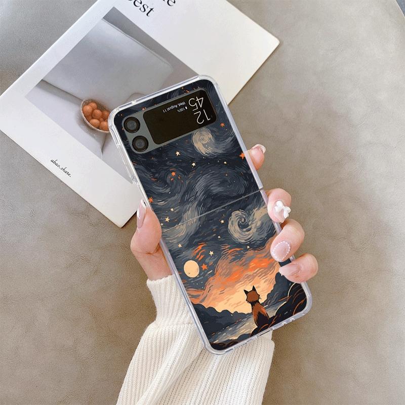 Oil Painting Black Cat Starry Sky Phone Case for Samsung Galaxy Z Flip 7 Flip 6 5 4 3 5G Folding Cover for Z Flip7 Flip5 Fundas