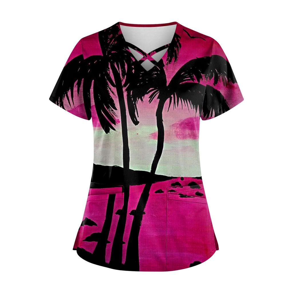 Women's Hawaii Printed Uniform Work Uniform V-Neck Pocket Protective Work Uniform