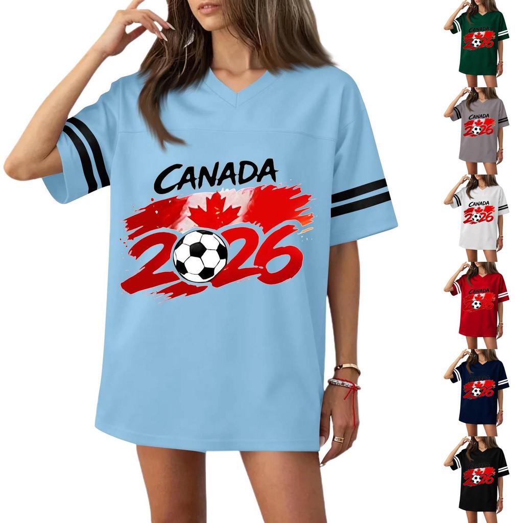 Women V Neck Short Sleeve Casual Soccer Jersey Top Flag 2026 Print Loose Fit Sports T Shirt Blouse