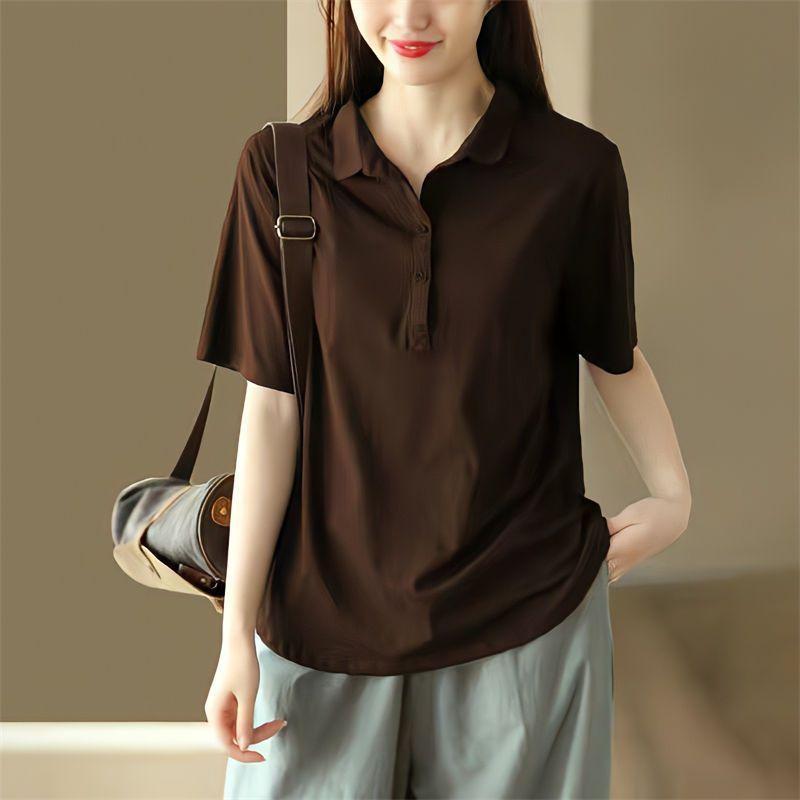 Damen T-Shirt mit Kragen, kurzen Ärmeln, einfarbig, Business Casual Stil, Oberteile, Koreanischer Pendlerstil, Damenbekleidung
