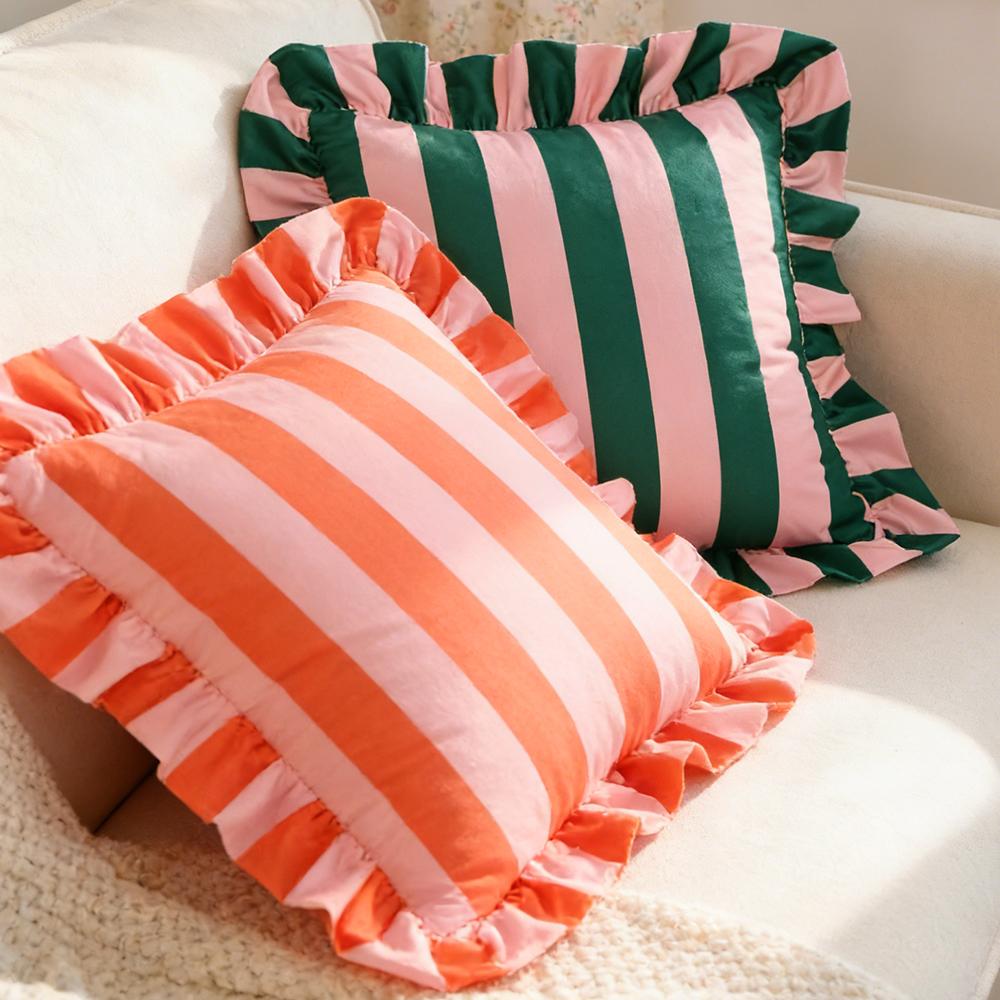 COMPRAORA 1PZ Federa per Cuscino in Velluto con Pizzo a Strisce 18X18 Pollici Federe Morbide Accoglienti per Divano Camera da Letto Soggiorno Decorazione per la Casa