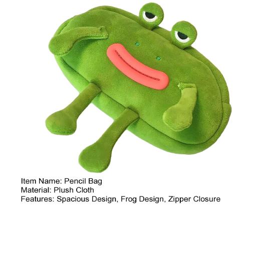 Pencil Bag Frog Wearing Glasses Design Plush Cloth Pencil Pouch Large Zipper Opening Stationery Organizer