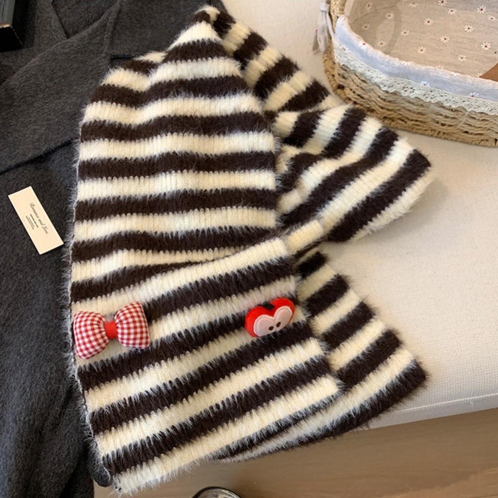 Polyester Warm Winter Scarf Cold Proof Striped Bow Scarf Plush Knitted Neck Scarf Cold Weather